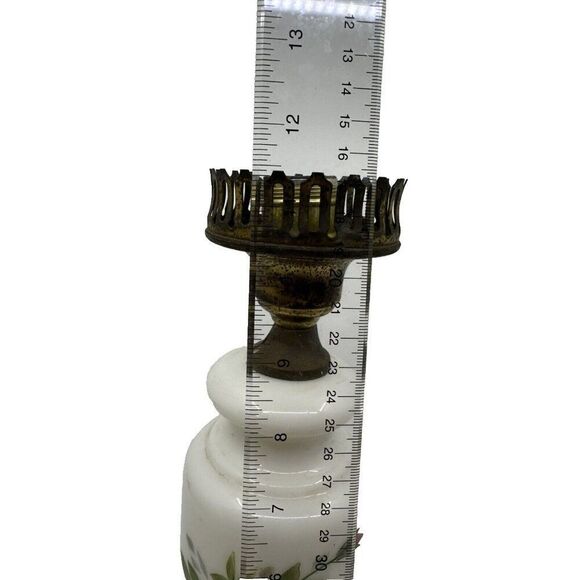 Vintage Milk Glass Oil Lamp Base With Floral Design & Brass Crown Detailing - Picture 7 of 14